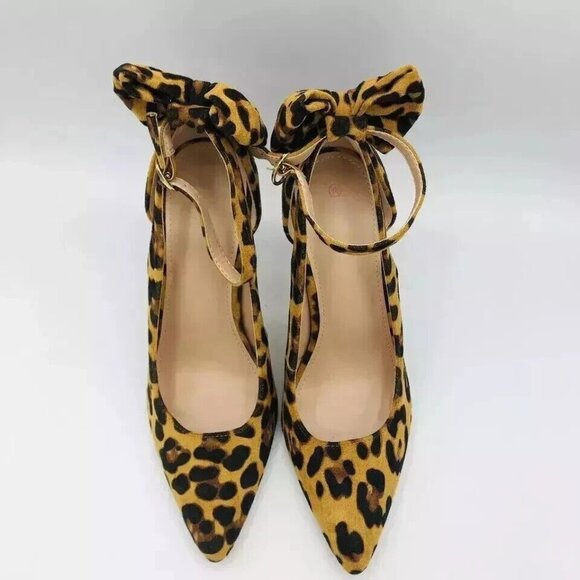 ZBY Shoes Womens Size 7.5 Leopard Cheetah Print Bow Stiletto Heels Pointy Toe - Picture 5 of 12